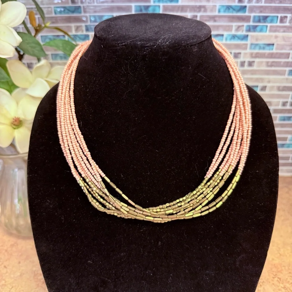Beautiful pink and gold multi strand seed bead necklace